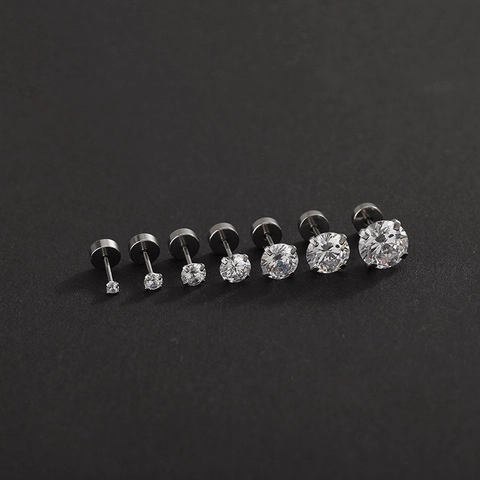 Pendientes De Botón De Acero Titanio Circonita Cúbica Redonda Cuatro Garras Parte Posterior Plana Tornillo Piercing Unisex