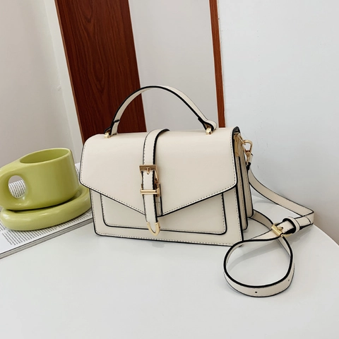 Women PU Leather Crossbody Bag Small Square Shoulder Handbag Minimalist Korean Style Fashion Gold Buckle Multi Compartments