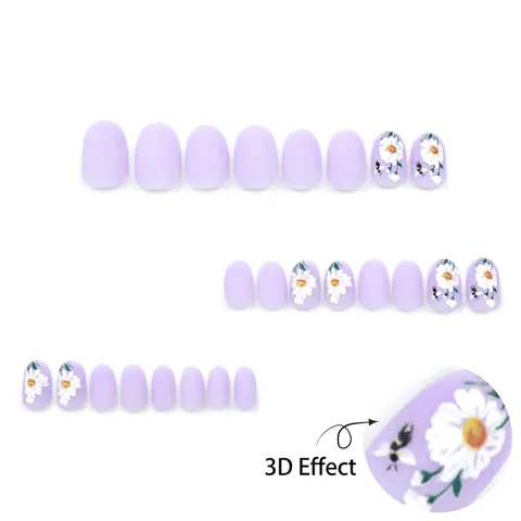 Faux Ongles Press On Mats Lavande Violet Motif Marguerite Abeille Courts Ronds Pour Femmes