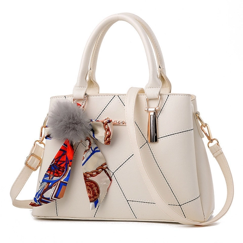 Women PU Leather Handbag Geometric Stitching Fashion Shoulder Bag With Scarf And Fur Ball Pendant Sweet Elegant