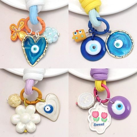 Evil Eye Schlüsselanhänger Geflochtenes Seil Taschenanhänger Mit Herz Blumen Anhängern Boho Stil Accessoires