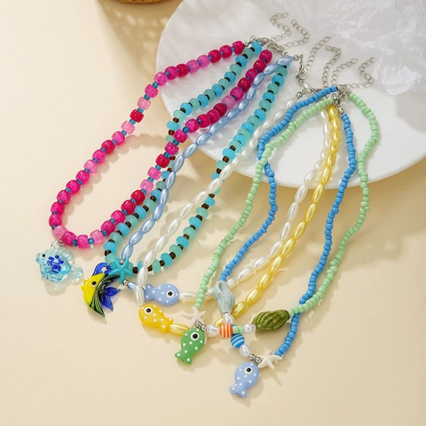 Ocean Elements Beaded Necklace Glass Beads Fish Starfish Pendants Adjustable Summer Beach Style Jewelry For Women