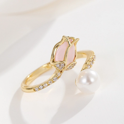 Elegante Offene Ringe Für Damen 18K Vergoldetes Kupfer Zirkon Kunstperle Blumen Schmetterling Herz Krone Verstellbarer Schmuck
