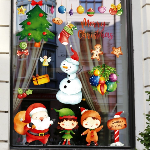 Pegatinas De Pared Navidad Papá Noel Muñeco De Nieve Calcomanías Ventana PVC Estáticas Acuarela Decoración Hogar