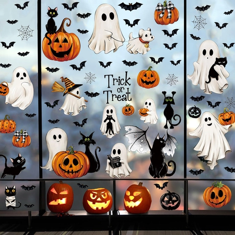 Halloween Window Stickers PVC Static Cling Ghost Pumpkin Bat Black Cat Cartoon Removable Double Sided Holiday Ornament