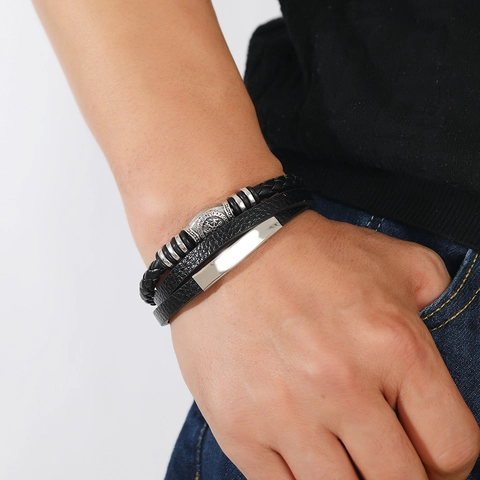 Multi-Layer Braided PU Leather Bracelet For Men With Alloy Magnetic Clasp Vintage Viking Compass Nordic Retro Wristband