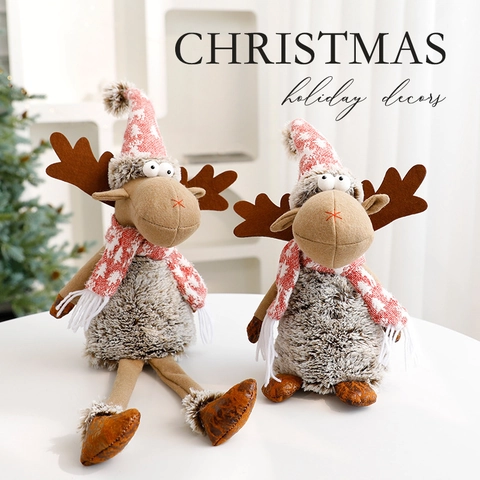 Statuetta Peluche Renna Natale Cappello Maglia Fiocco Neve Sciarpa Bambola Alce Gambe Lunghe Decorazione Tavolo Ornamento