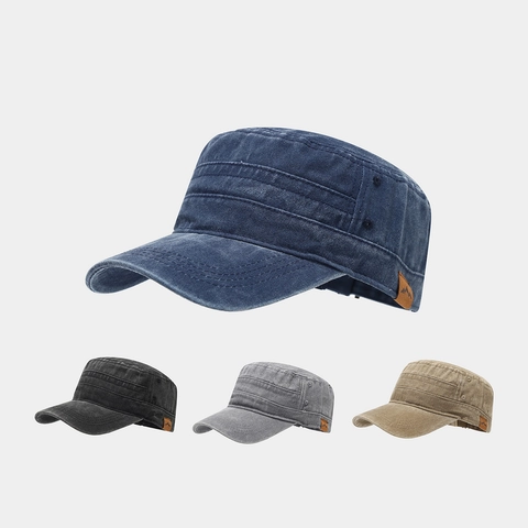 Vintage Gewassen Katoen Cadet Cap Platte Top Militaire Hoed Met Berg Leren Patch Retro Verstelbare Zonnehoed