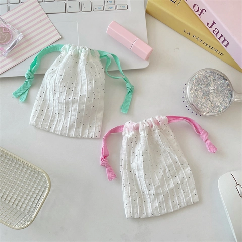 Polka Dot Drawstring Bag Small Fabric Pouch For Jewelry Makeup Storage Portable Organizer Cotton Texture