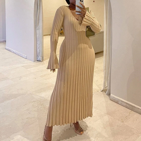 Vestito Maxi In Maglia Maniche Lunghe A Campana Texture A Costine Vestibilità Aderente Elegante Scollo A V Girocollo Casual Donna
