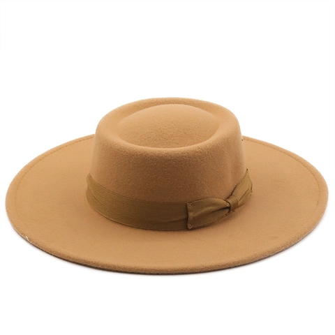 Elegant Wide Brim Boater Hat Woolen Felt Vintage Flat Top Jazz Cap With Ribbon Bow For Women And Men