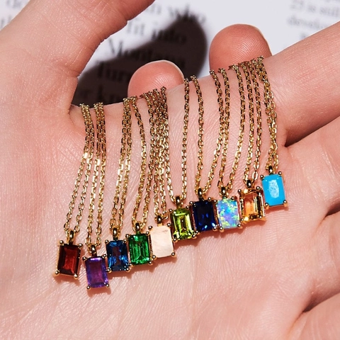 Collar Con Colgante De Piedra De Nacimiento Rectangular Acero Inoxidable Chapado En Oro 18K Circón Colorido Cadena De Clavícula Mujer