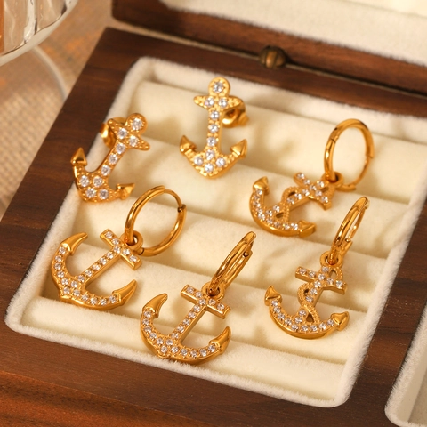 Anker Schelp Knopring Oorbellen Roestvrij Staal 18K Verguld Strass Zirkoon Nautische Maritieme Stijl Vrouwen Sieraden