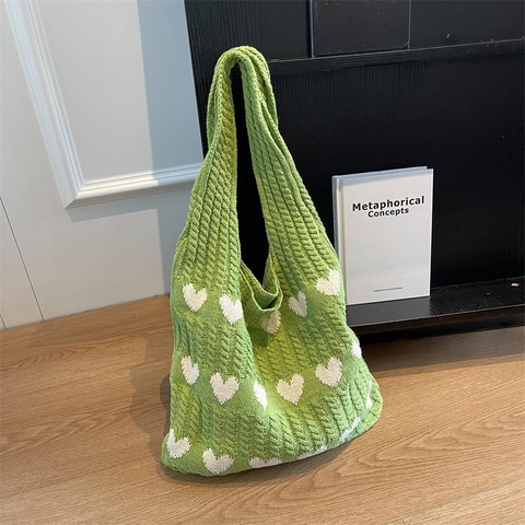 Heart Pattern Knit Tote Bag Handmade Polyester Woven Shoulder Underarm Bag For Women Casual Daily