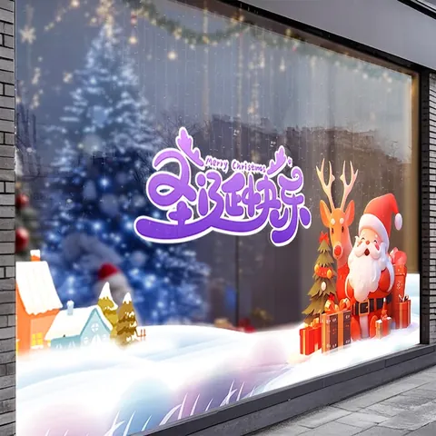Christmas Window Stickers Santa Claus Reindeer Static Cling Decals Double Sided UV Print Holiday Glass Door Decorations