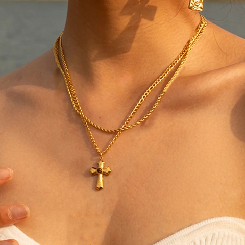 Vintage Französische Doppellagige Kreuz Halskette 18K Vergoldeter Edelstahl Tigerauge Stein Anhänger Figaro Kette Schmuck