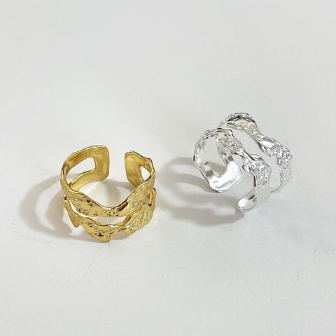 925 Sterling Silver Ring Women Irregular Wrinkle Texture Double Layer Adjustable Open Finger Band 18K Gold Plated Ins