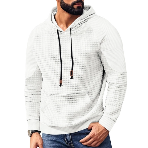 Felpa Con Cappuccio Da Uomo In Maglia A Nido D'ape Pullover Jacquard Plaid Tinta Unita Con Tasca A Marsupio Casual Slim Fit