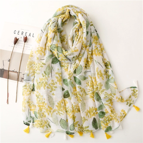 Women Polyester Voile Scarf Long Lightweight Breathable Floral Print Tassel Shawl Sun Protection Soft Wrap