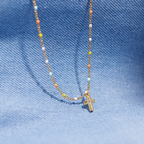 925 Sterling Silver Colorful Enamel Cross Pendant Necklace For Women Gold Plated Rhinestone Cross Chain Fashion Jewelry Gift