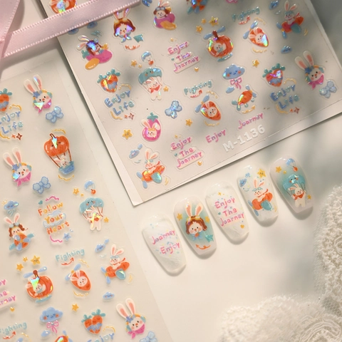 Kawaii Cartoon Konijn Wortel Glinstering Laser Nagelkunst Stickers Zelfklevende Manicure Decals Voor Kinderen Vrouwen