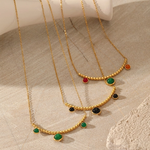 Minimalist 304 Stainless Steel Gold Plated Round Disc Natural Stone Pendant Necklace Geometric Bead Chain Jewelry For Women