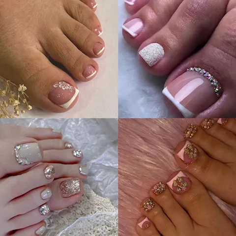 Press On Toe Nails Waterproof ABS Plastic French Tip Square Full Cover Fake Nails With Glitter Leopard Flower For Women