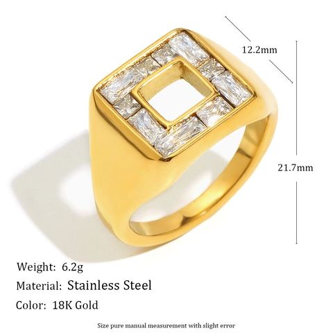 Anillo A Sigillo Quadrato Cavo Geometrico Acciaio Inossidabile Placcato Oro Con Zirconia Bianca Gioielli Di Moda Donna