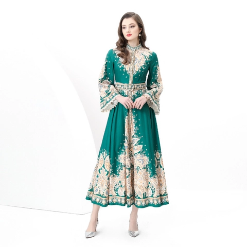 Vestito Lungo Da Donna Maniche Lunghe Collo Alto Stampa Paisley Stile Etnico Vintage Con Cintura