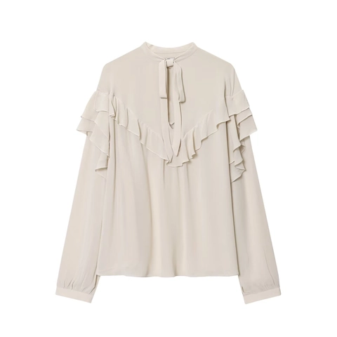 Blusa De Gasa Elegante Para Mujer Manga Larga Color Sólido Con Volantes Y Lazo Moda Vintage Top