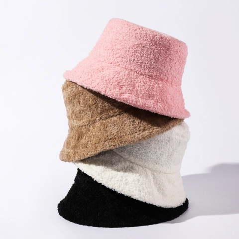 Women Winter Warm Bucket Hat Soft Plush Lamb Wool Thick Windproof Fashionable Solid Color Basin Hat For Casual Travel