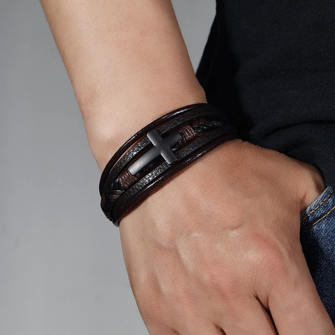 Pulsera De Cuero Trenzado Multicapa Con Cruz Negra De Aleación Cierre Magnético Joyería Para Hombre Retro Punk