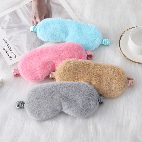 Plush Sleeping Eye Mask Soft Faux Fur Blackout Blindfold With Satin Elastic Strap For Sleep Travel Home