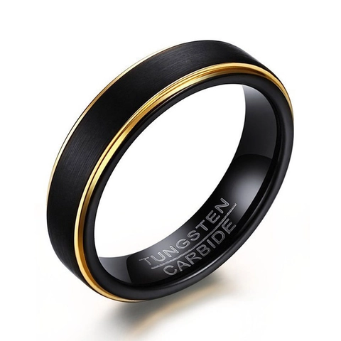 Wolfraamcarbide Ring Zwart Mat Geborsteld Gouden Groef Comfort Fit Band Heren Sieraden Minimalistisch Modern