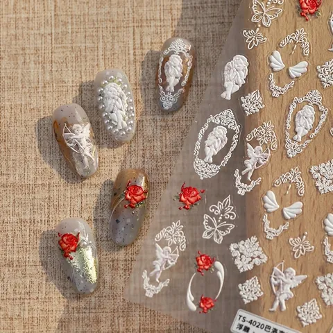 Adesivi Per Unghie Rilievo 3D Angelo Barocco Rosa Vintage Cupido Farfalla Decalcomanie Manicure Ultra Sottili