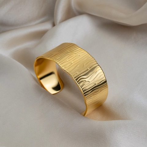 Wide Cuff Bracelet Stainless Steel 18K Gold Plated Textured Wave Pattern Waterproof Bold Minimalist Statement Bangle