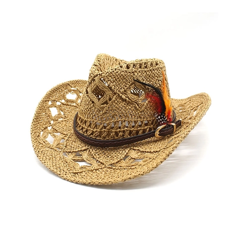 Western Cowboy Hat Hollow Paper Straw Sun Protection Beach Vacation Ethnic Style For Women With Leather Band Feather