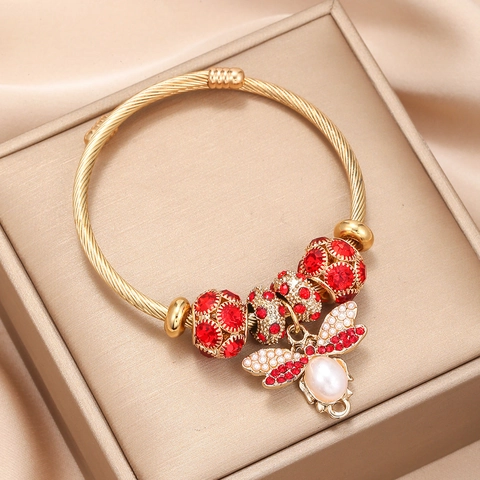Fashion Bee Stainless Steel Bracelet For Women Alloy Artificial Pearl Bee Pendant Rhinestone Inlaid Open Bangle Jewelry Gift