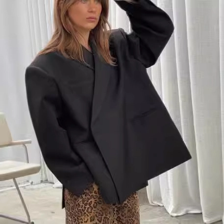 Chaqueta Americana Oversize Para Mujer Cuello De Solapa Manga Larga Poliéster Color Sólido Corte Holgado Ropa De Oficina Estilo Minimalista