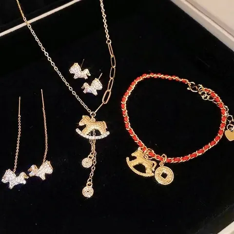 Rocking Horse Necklace Red String Bracelet 925 Sterling Silver Earring Post Gold Plated Copper Jewelry Cubic Zirconia