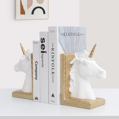 Serre-Livres Tête De Licorne Résine Organisateur De Bureau Sculpture Animale De Luxe Pour Décoration De Maison