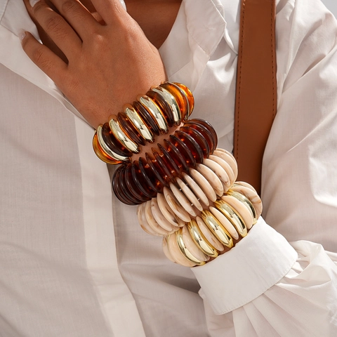 Bracciale Elastico Geometrico Spesso Acrilico Resina Texture Marmo Ambra Oro Metallico Gioielli Di Moda Bohemian Per Donna