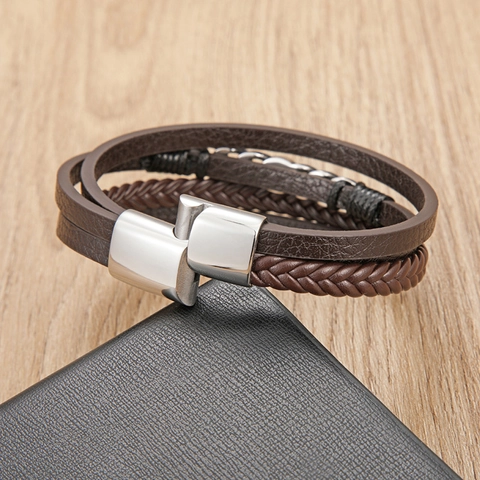 Bracelet En Cuir Tressé Multicouche Pour Homme Vintage Boussole Étoile Chaîne Métal Fermoir Magnétique Bijoux
