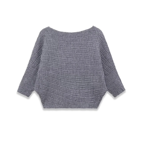 Dames Gebreide Trui Grijs Getextureerd Vleermuismouwen Boothals Kort Casual Pullover