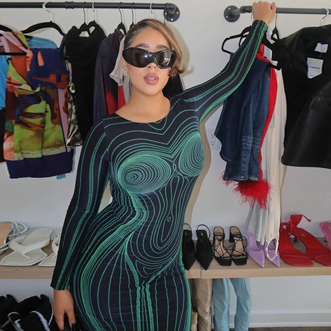 Vestito Lungo Aderente Verde Maniche Lunghe Schiena Scoperta Illusione Ottica Poliestere Elastan Streetwear Per Donna