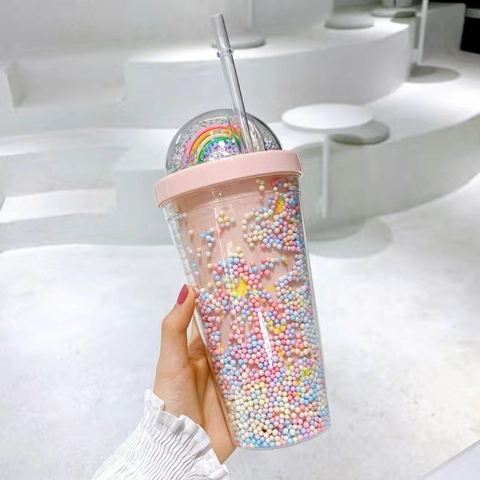 Portable Double Layer Plastic Straw Cup With Star Sequins And Rainbow Dome Cute Drinkware For Daily Use