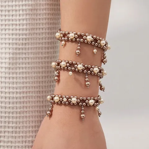 Muschelperle Künstliche Perlenarmband Mit Metallanhängern Edelstahl Verstellbare Kette Quaste Eleganter Schmuck