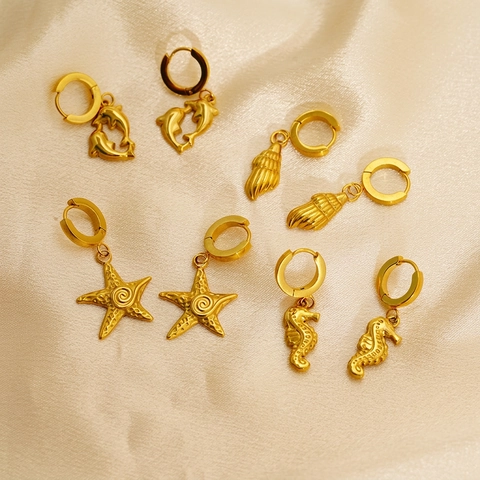 Starfish Seahorse Dolphin Shell Hoop Earrings 18K Gold Plated 304 Stainless Steel Ocean Theme Beach Jewelry For Women
