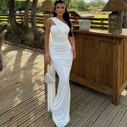 Abito Maxi Elegante Monospalla E Neckholder Arricciato Schiena Scoperta Sexy Spacco Laterale Tinta Unita Poliere Spandex