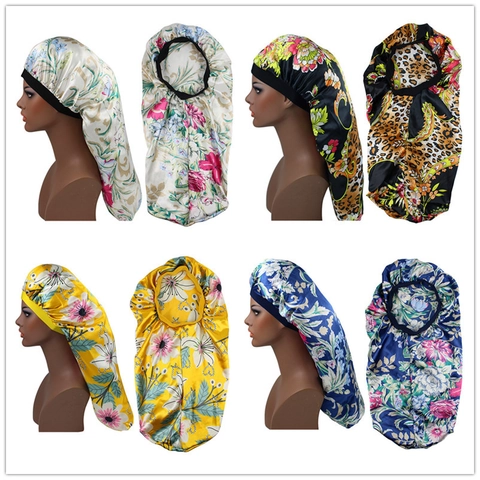 Cuffia da Notte Lunga in Satin per Donna Cofana Protezione Capelli con Stampa Floreale Turbante a Coda Lunga per Dormire